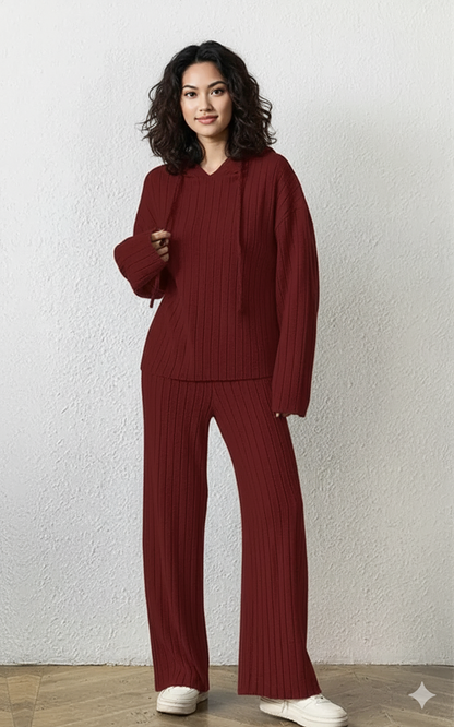 Ribbed Drawstring Hoodie and Pants Set