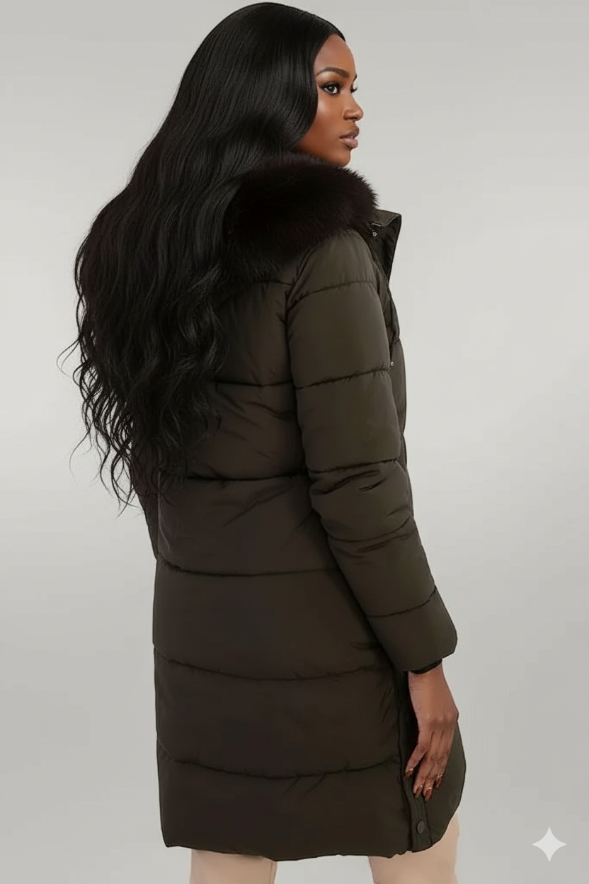 Woman wearing a dark green puffer coat with fur collar on a light gray background