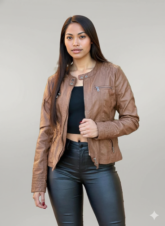 Woman Fashion Hooded Faux Leather Jacket