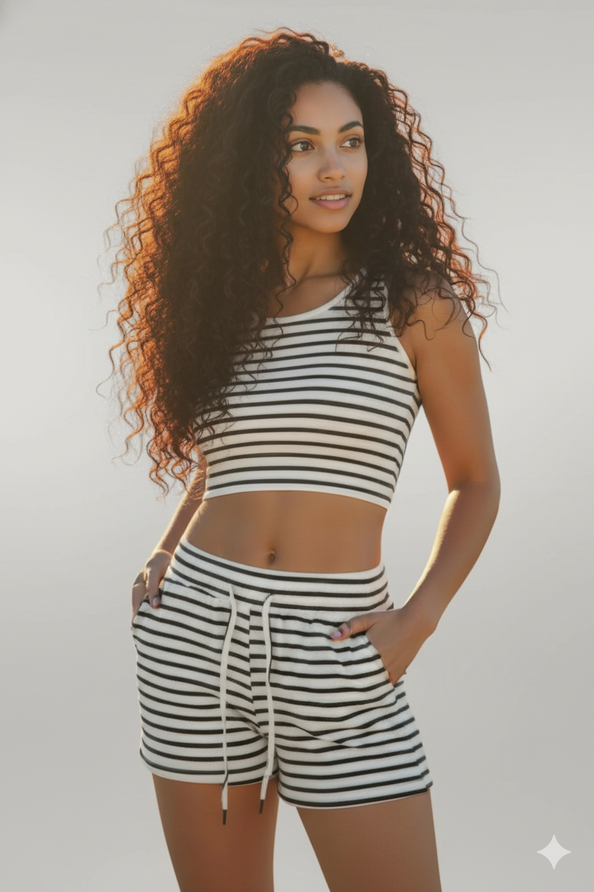 Striped Ribbed Cropped Tank & Shorts Lounge Set