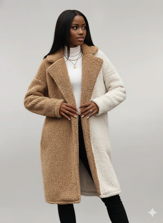 Woman wearing a long, two-tone coat with beige and white sections on a plain background