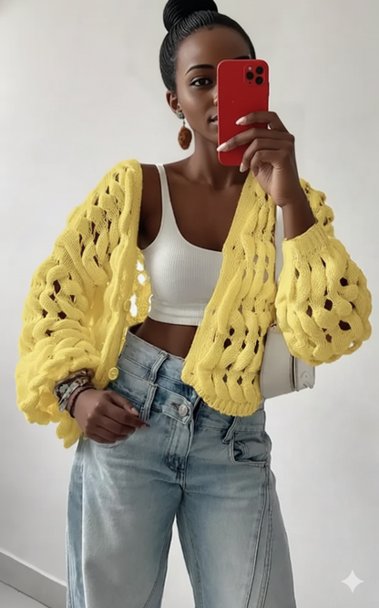 Openwork Button Up V-Neck Cardigan