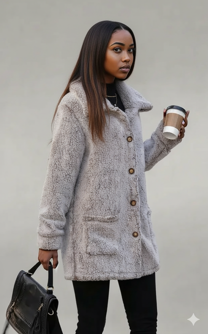 Woman wearing a gray coat holding a coffee cup against a plain background