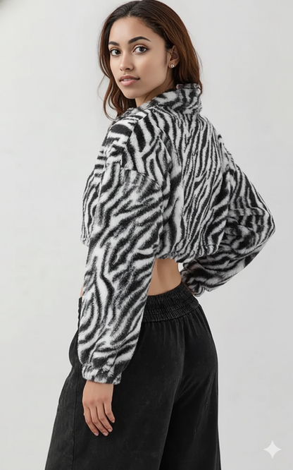 Zebra Print Plush Cropped Jacket