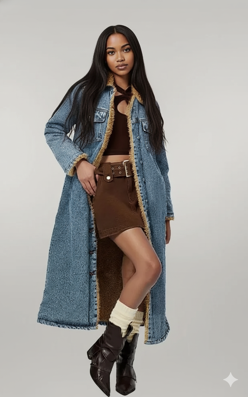 Pocketed Button Up Denim Jacket with Fur Lining