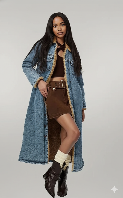 Pocketed Button Up Denim Jacket with Fur Lining