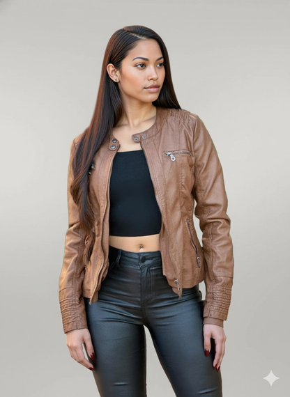 Woman Fashion Hooded Faux Leather Jacket