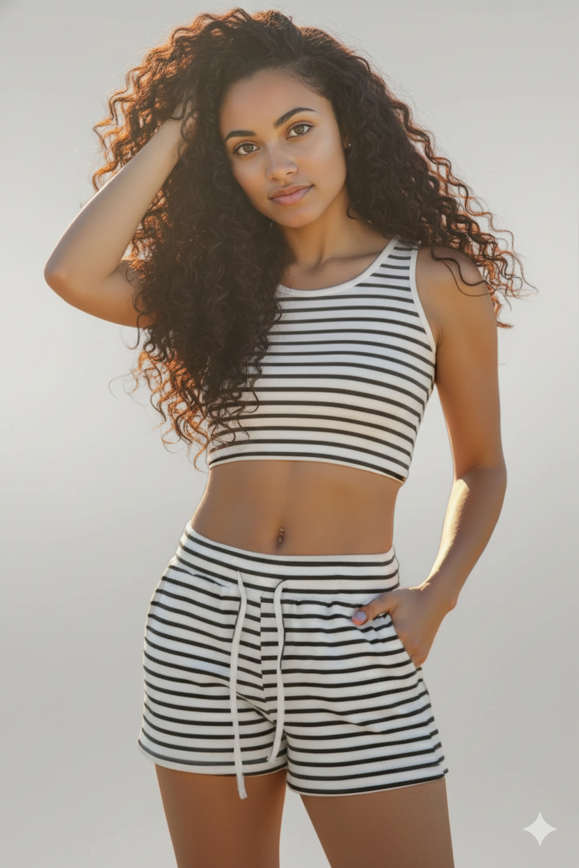 Striped Ribbed Cropped Tank & Shorts Lounge Set
