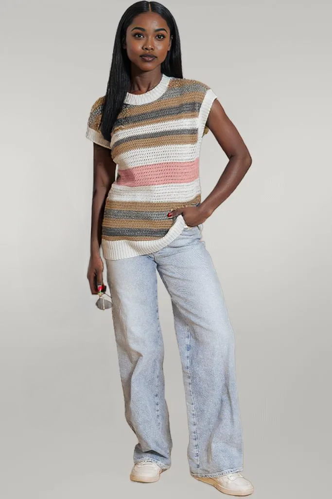 Pink Stripe Color Block Eyelet Knit Short Sleeve Sweater Tee
