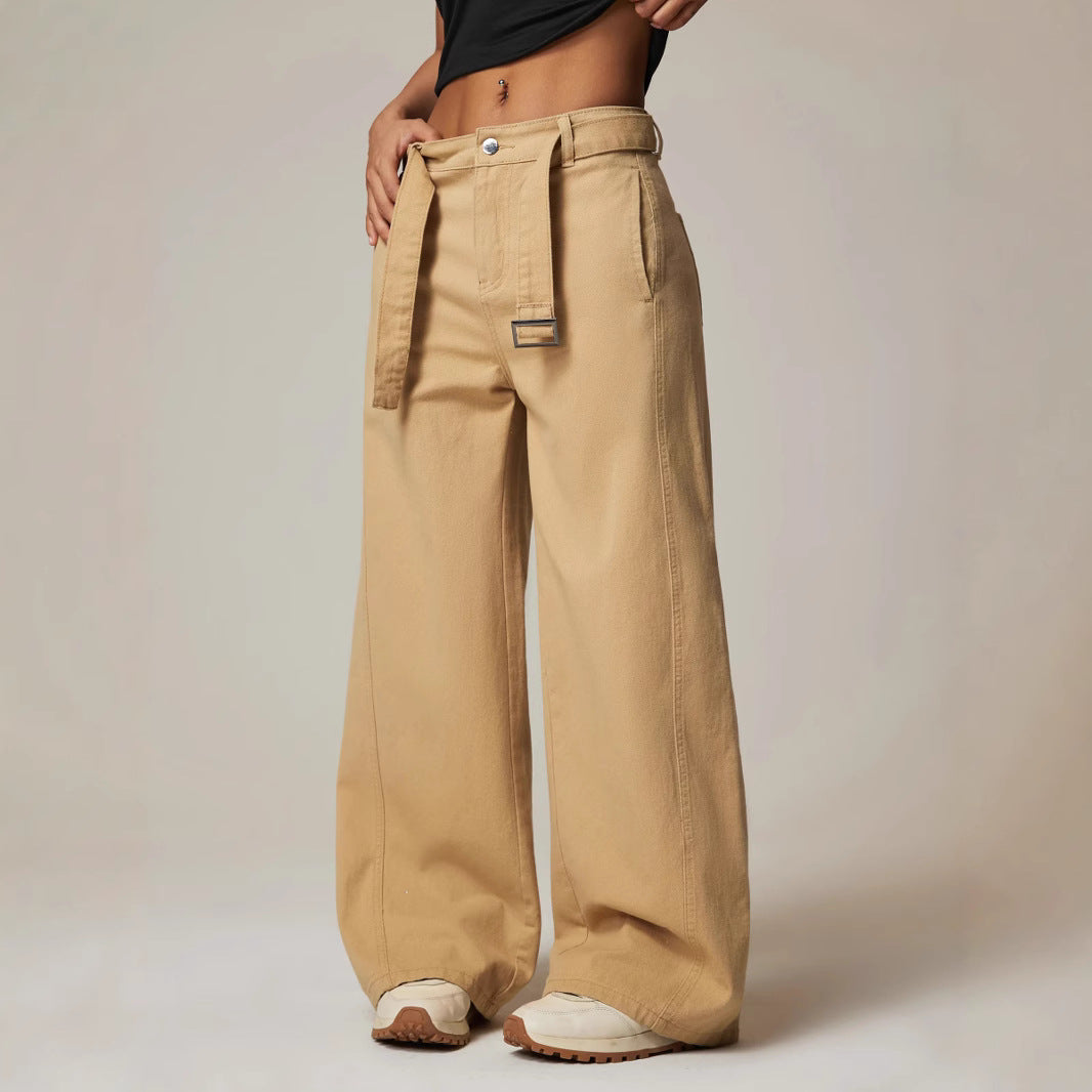 Spring Casual Straight Leg Pants Women Jeans Women Wide Leg Pants with Belt Jeans Women Khaki Trousers