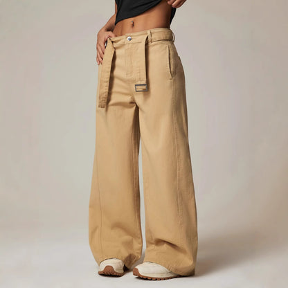 Spring Casual Straight Leg Pants Women Jeans Women Wide Leg Pants with Belt Jeans Women Khaki Trousers