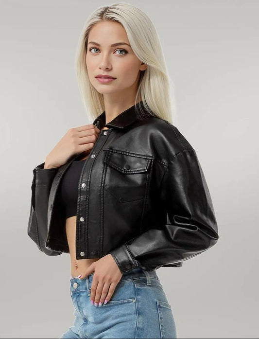 Classic Single Breasted PU Leather Jacket for Women