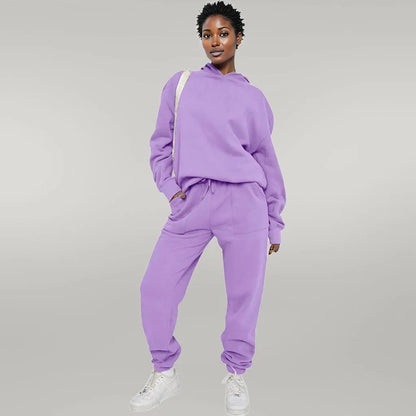 Solid Color Hooded Sweater Pants Set Women Purple