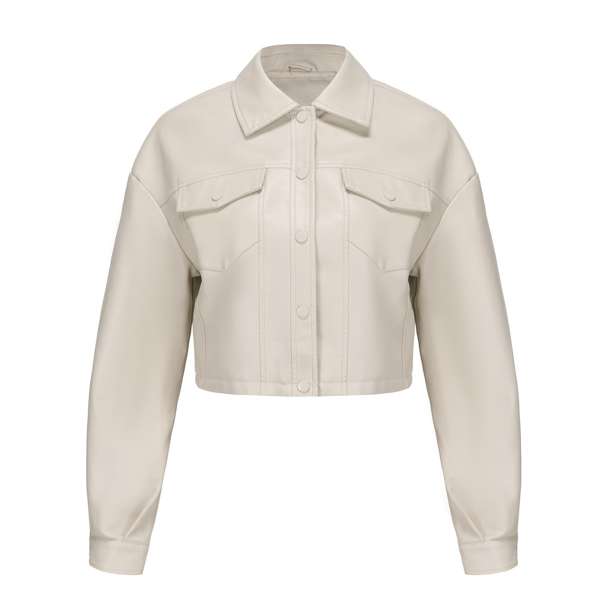 Classic Single Breasted PU Leather Jacket for Women Ivory
