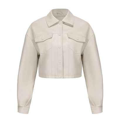 Classic Single Breasted PU Leather Jacket for Women Ivory