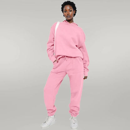 Solid Color Hooded Sweater Pants Set Women Pink