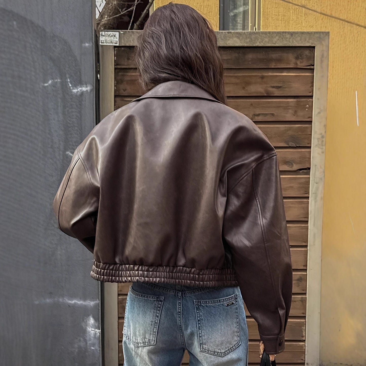 Women's Faux Leather Biker Jacket Dark Brown