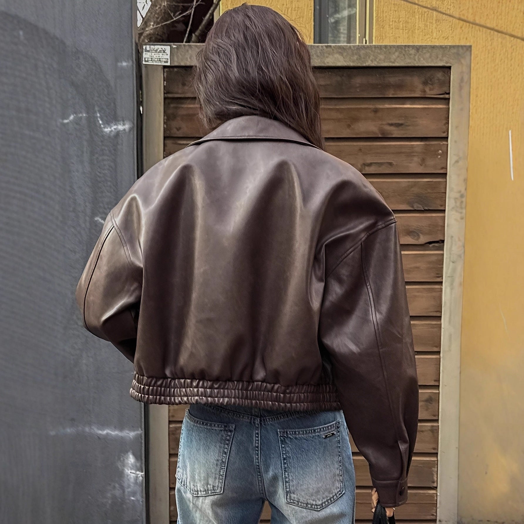 Women's Faux Leather Biker Jacket Dark Brown