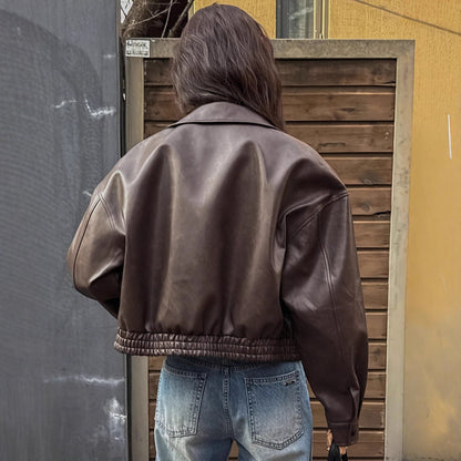 Women's Faux Leather Biker Jacket Dark Brown