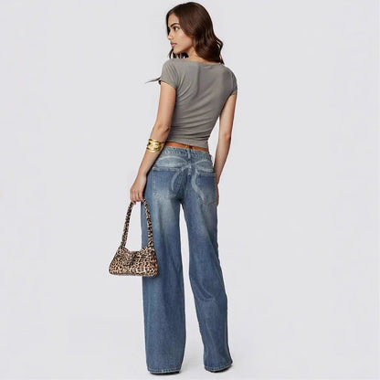 Loose Wide Leg Printed Denim Trousers Women Jeans