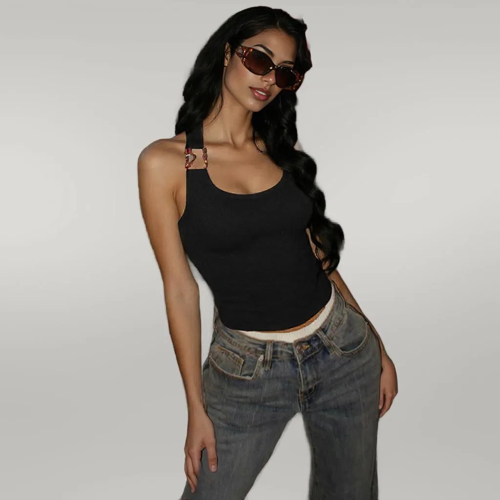 U Collar Halter Spaghetti Straps Top Black