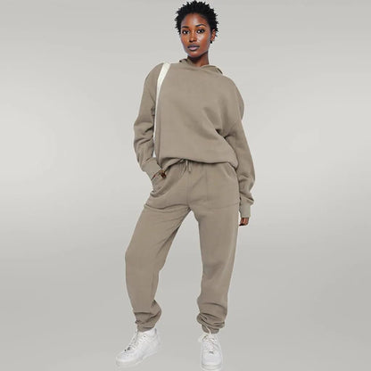 Solid Color Hooded Sweater Pants Set Women Gray chip