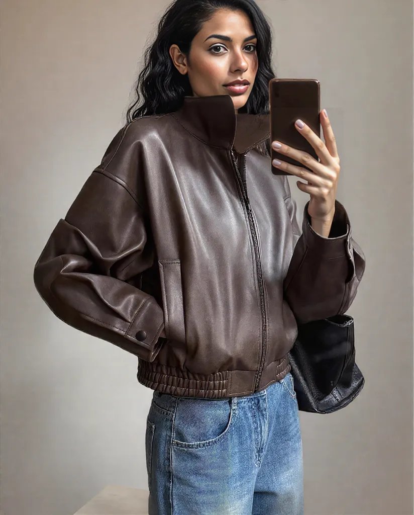 Women's Faux Leather Biker Jacket Dark Brown