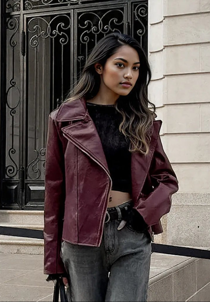 90s Retro Vegan Leather Jacket Burgundy