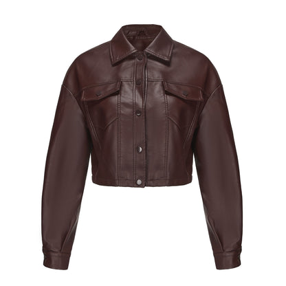 Classic Single Breasted PU Leather Jacket for Women Coffee