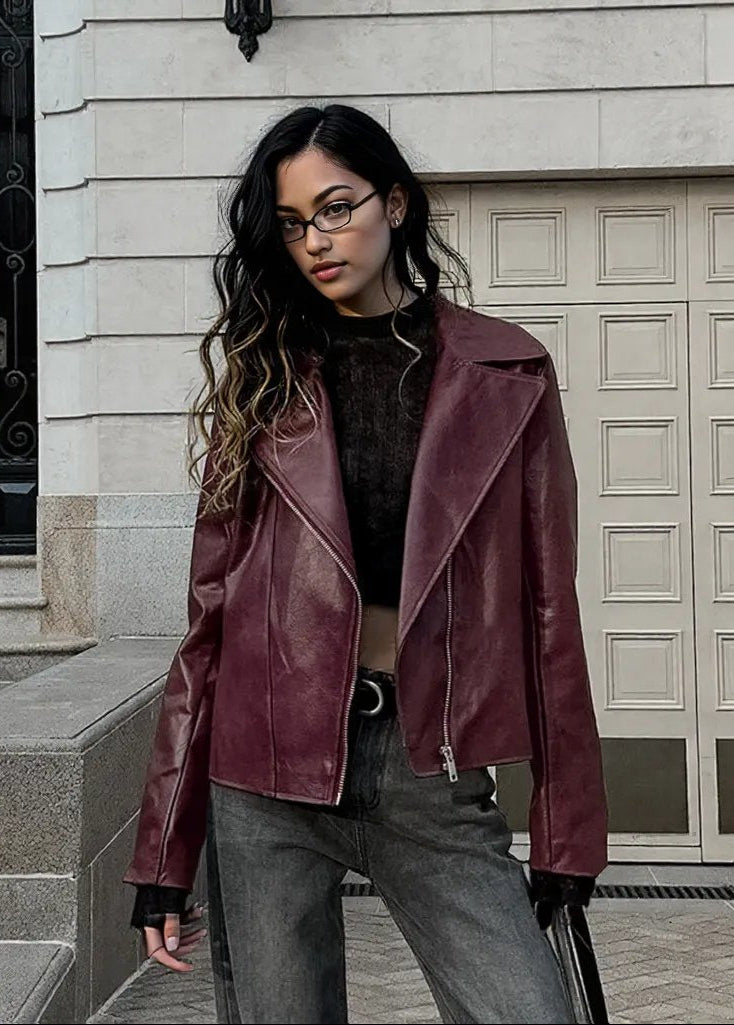 90s Retro Vegan Leather Jacket Burgundy