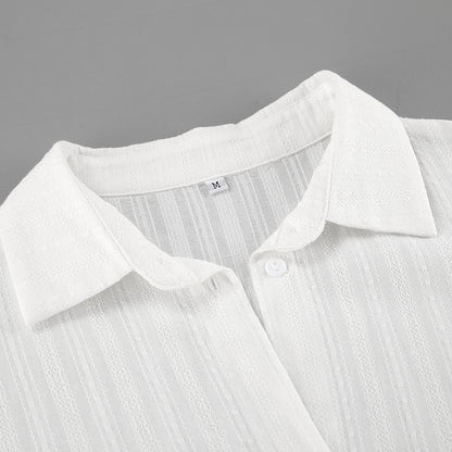 French White Convex Jacquard Collared Loose Shirt