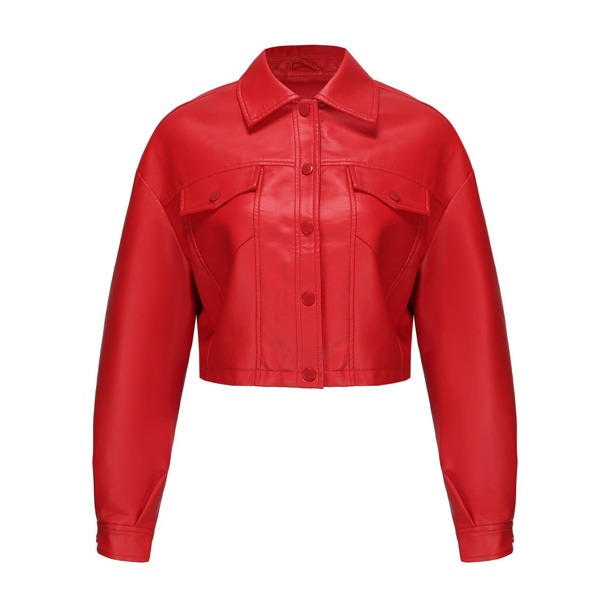 Classic Single Breasted PU Leather Jacket for Women Red