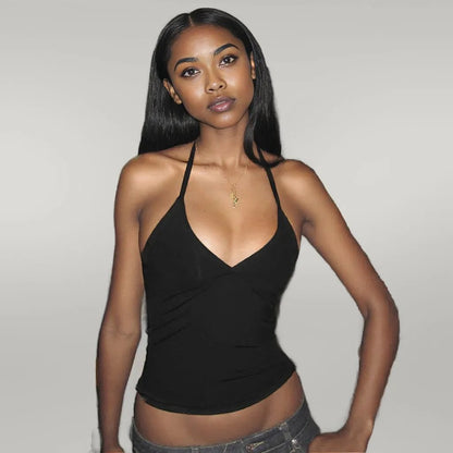 V neck Halter Lace up Slim Fit Vest Black