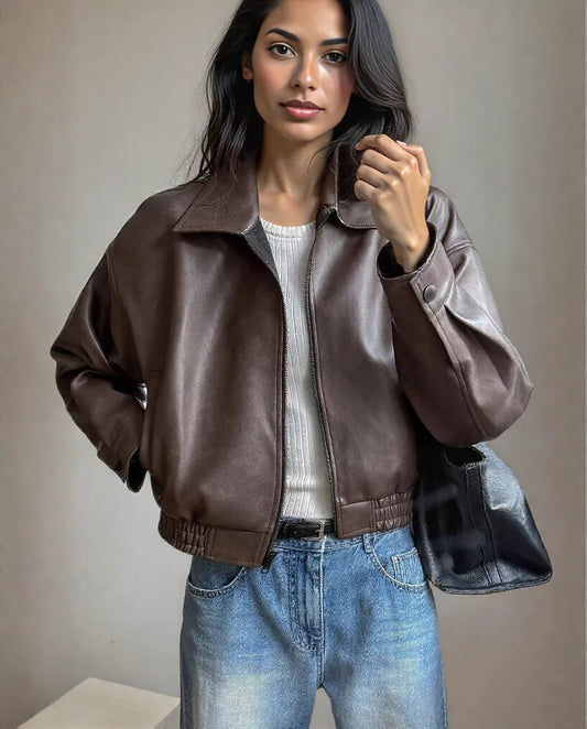 Women's Faux Leather Biker Jacket Dark Brown