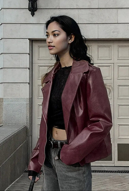 90s Retro Vegan Leather Jacket Burgundy