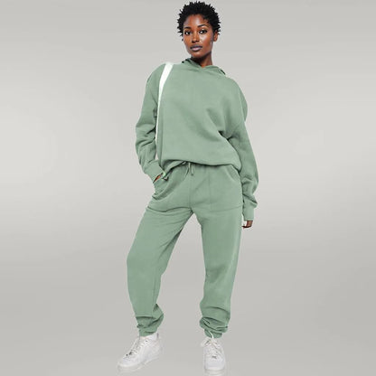 Solid Color Hooded Sweater Pants Set Women Light Green
