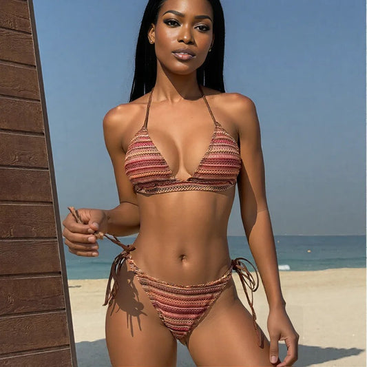 Knitted Contrast Color Beach Shorts Three Piece Swimsuit Bikini