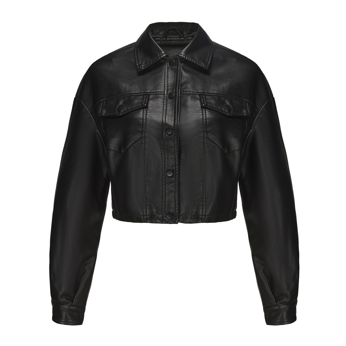 Classic Single Breasted PU Leather Jacket for Women Black