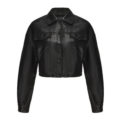 Classic Single Breasted PU Leather Jacket for Women Black