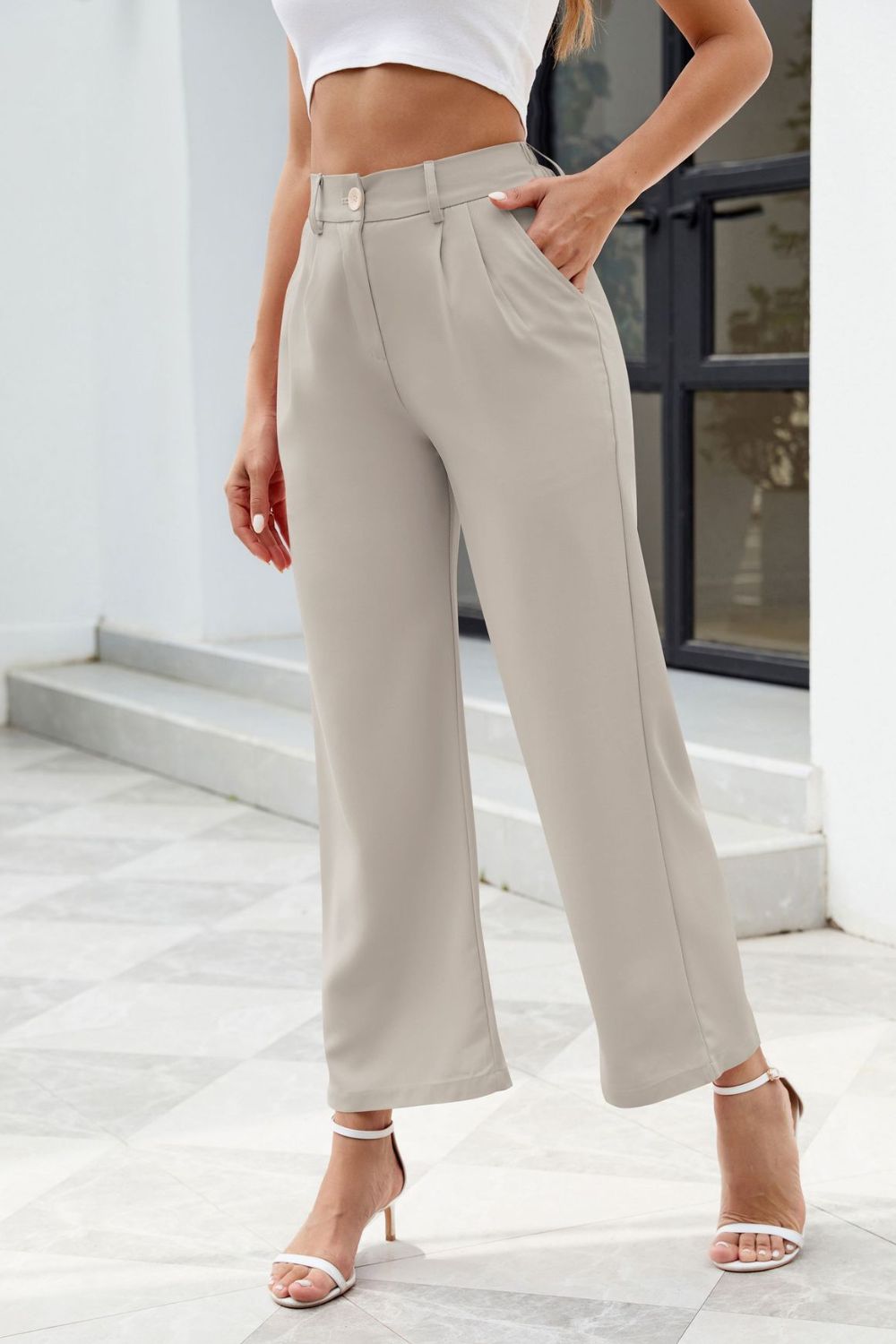 Pocketed High Waist Pants Light Gray