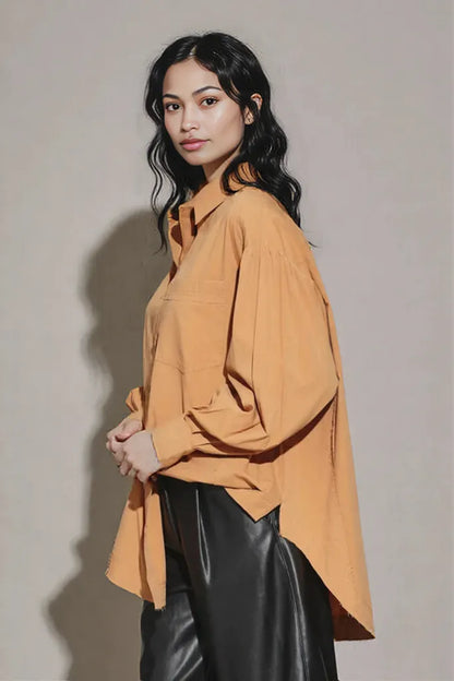 Cotton Oversize Button Up Front Single Pocket Shirt L