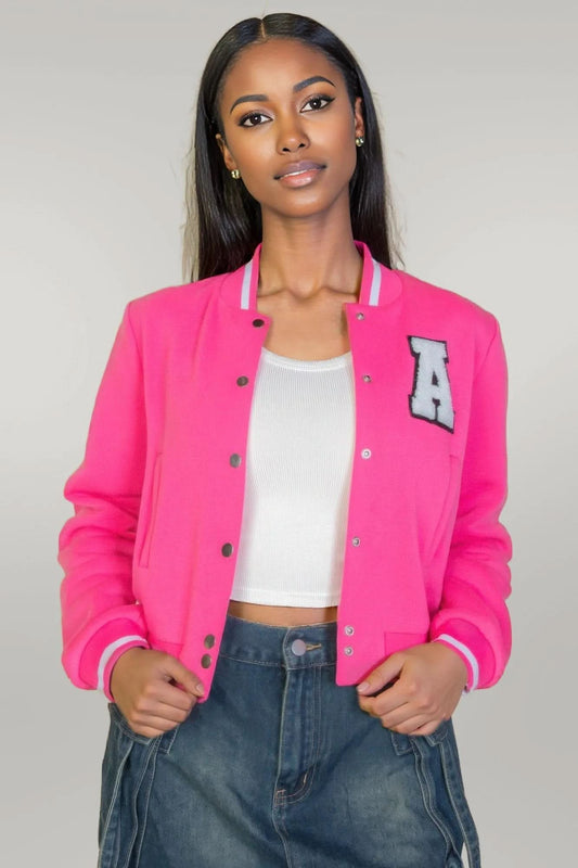 Ezwear Letter Patched Crop Varsity Jacket