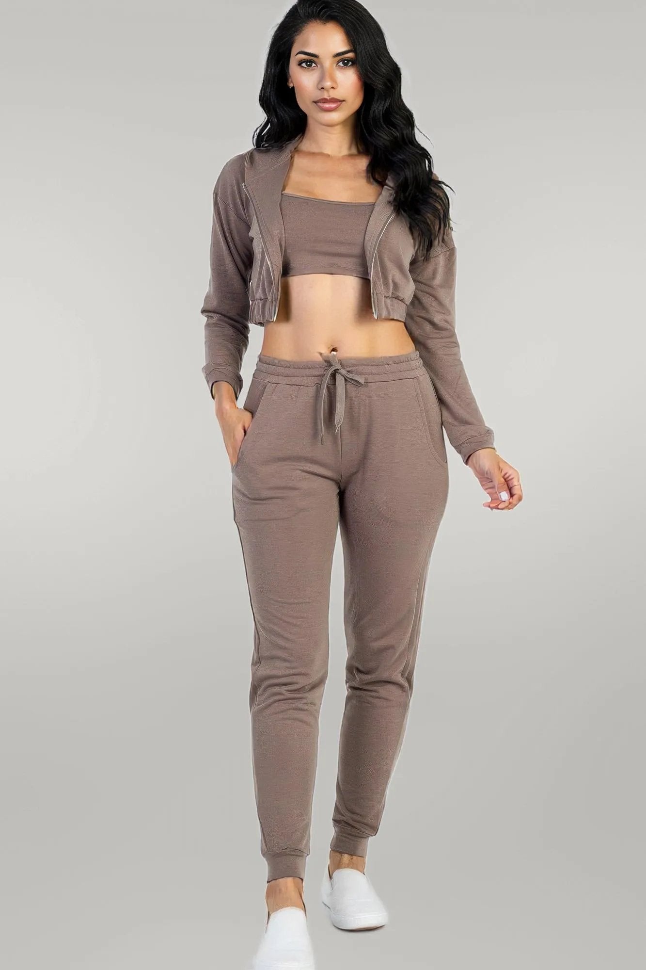 French Terry Cropped Cami With Zip-up Jacket And Joggers Set Taupe