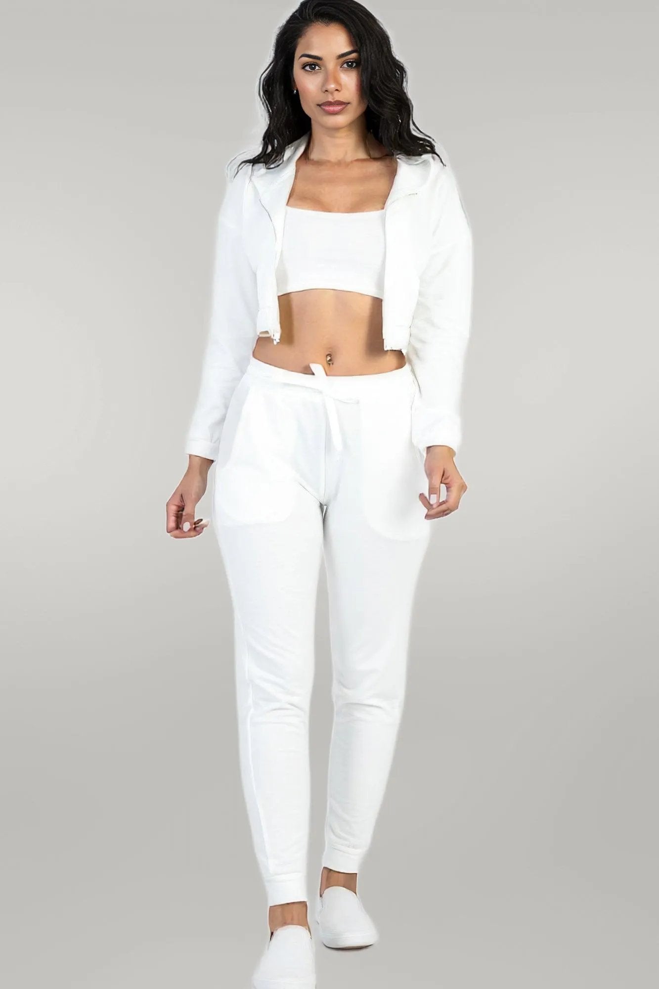 French Terry Cropped Cami With Zip-up Jacket And Joggers Set White