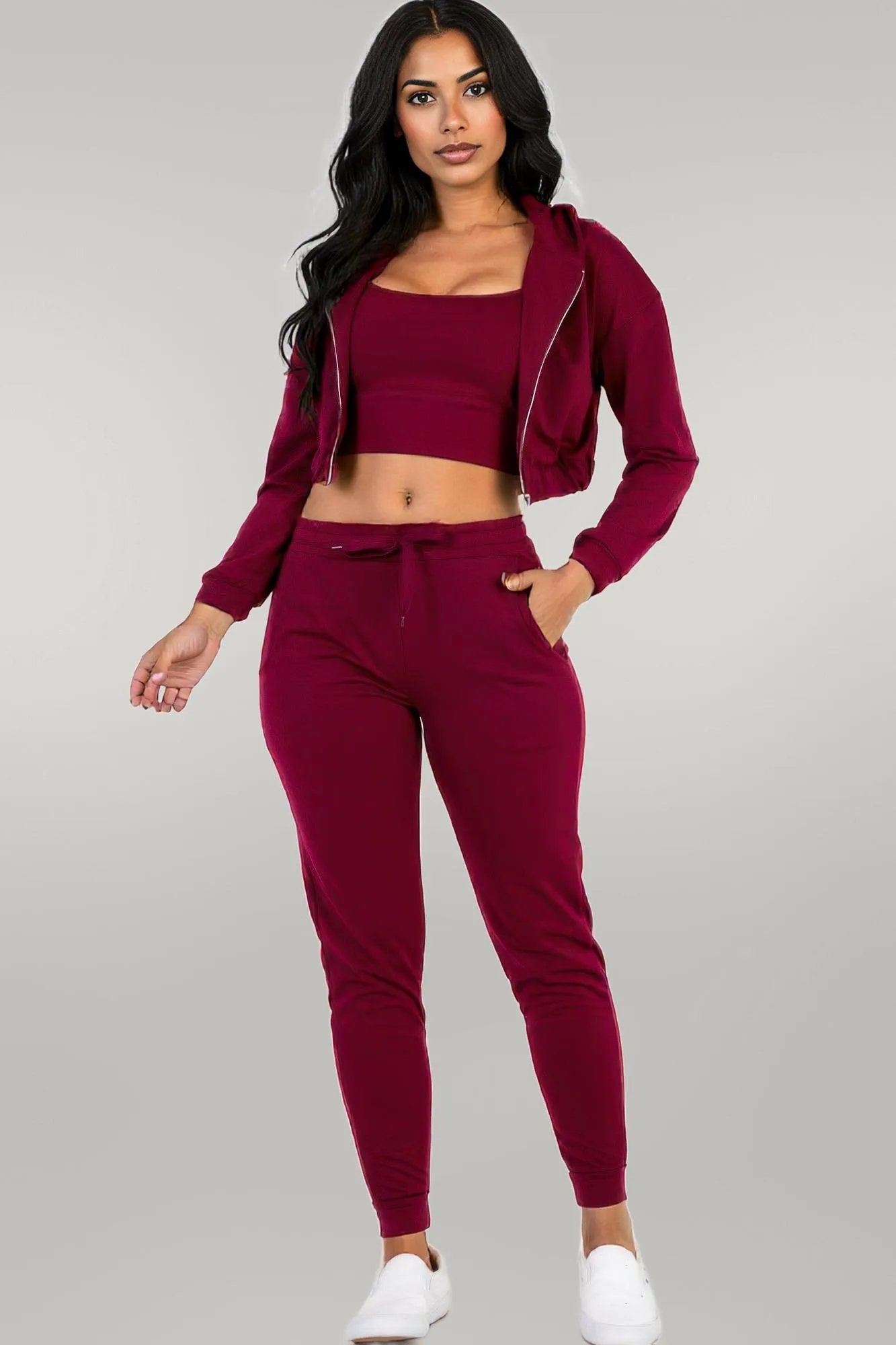 French Terry Cropped Cami With Zip-up Jacket And Joggers Set Burgundy