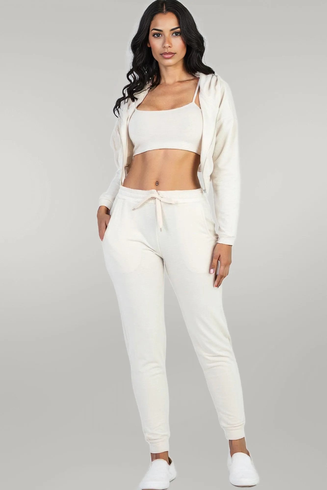 French Terry Cropped Cami With Zip-up Jacket And Joggers Set Beige