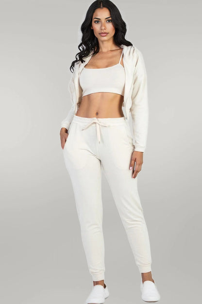 French Terry Cropped Cami With Zip-up Jacket And Joggers Set Beige