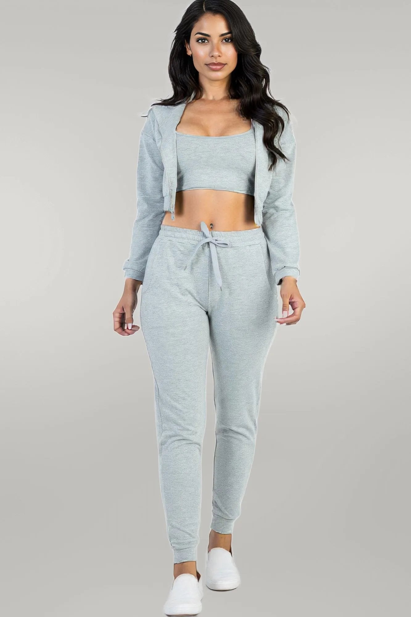 French Terry Cropped Cami With Zip-up Jacket And Joggers Set Heather Grey