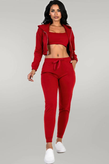 French Terry Cropped Cami With Zip-up Jacket And Joggers Set Rust