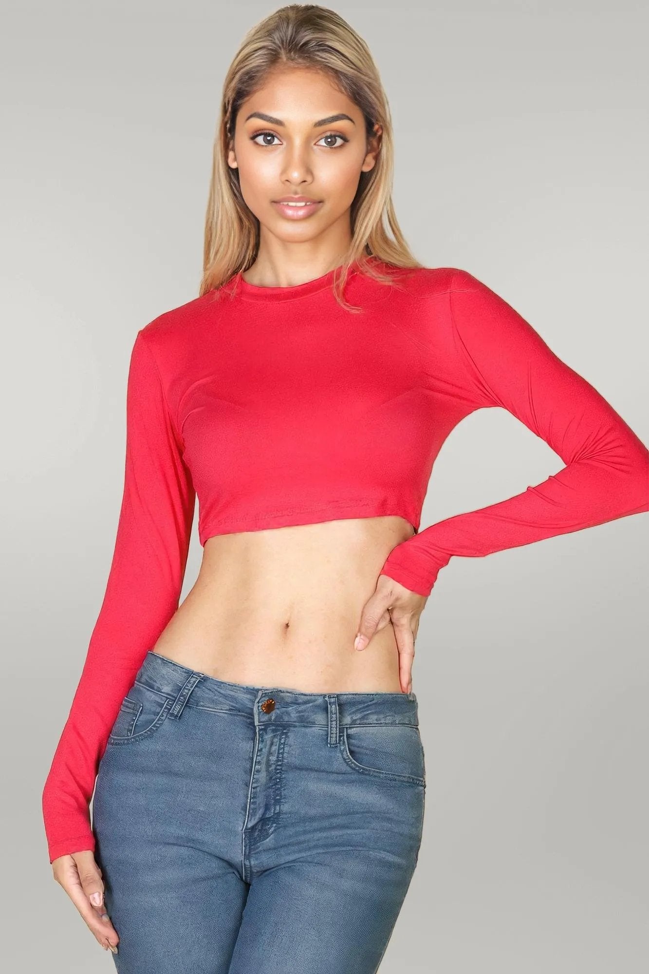 Crew Neck Long Sleeve Cropped Top Fuchsia